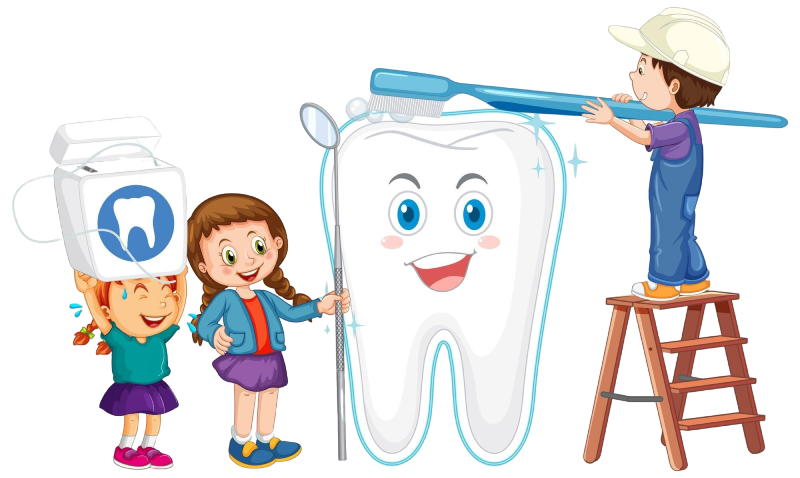 A cartoon illustration of two kids happily cleaning a large smiling tooth. One child is holding a toothpaste box, while the other is helping a boy on a ladder to brush the big tooth.